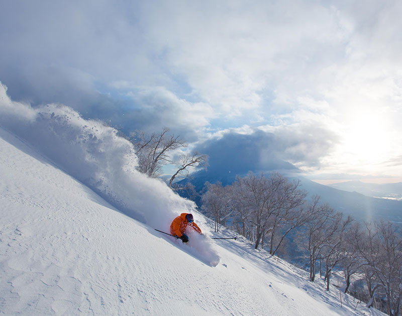 A man is skiing at Niseko, Japan